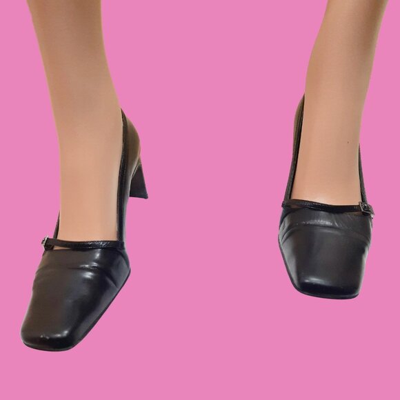 Vintage 90s Bisou Bisou Heels Black Leather Mary Jane Square Toe Shoes US 7 - Picture 4 of 12
